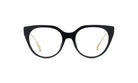 A pair of black cat-eye framed glasses with gold accents.