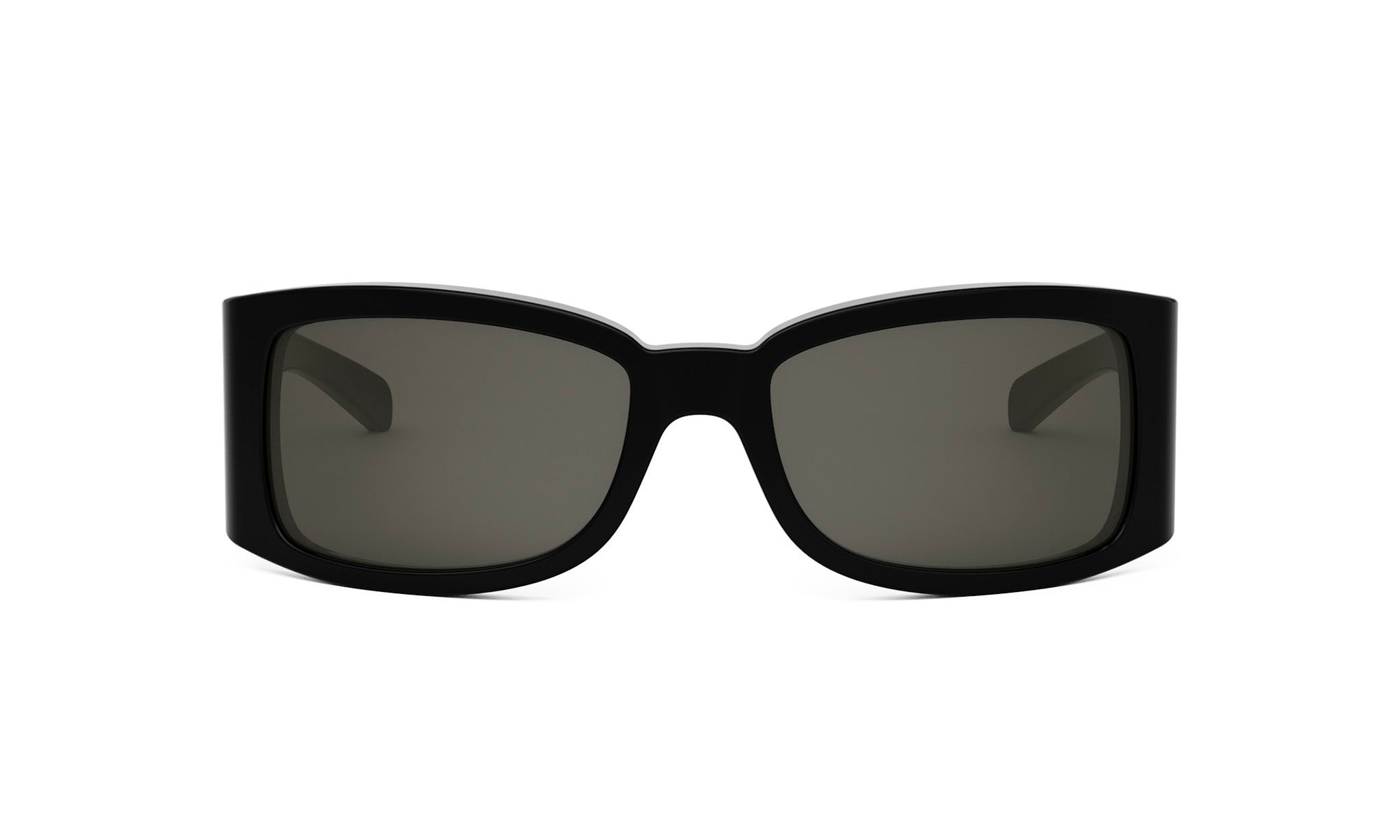 A pair of black rectangular sunglasses with dark lenses.