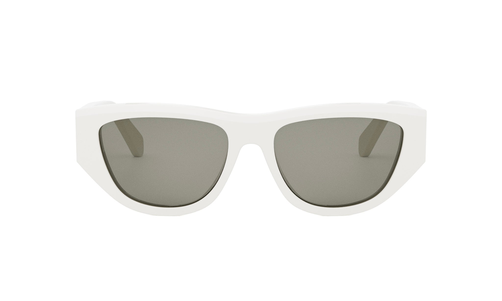 A pair of white sunglasses with dark lenses.