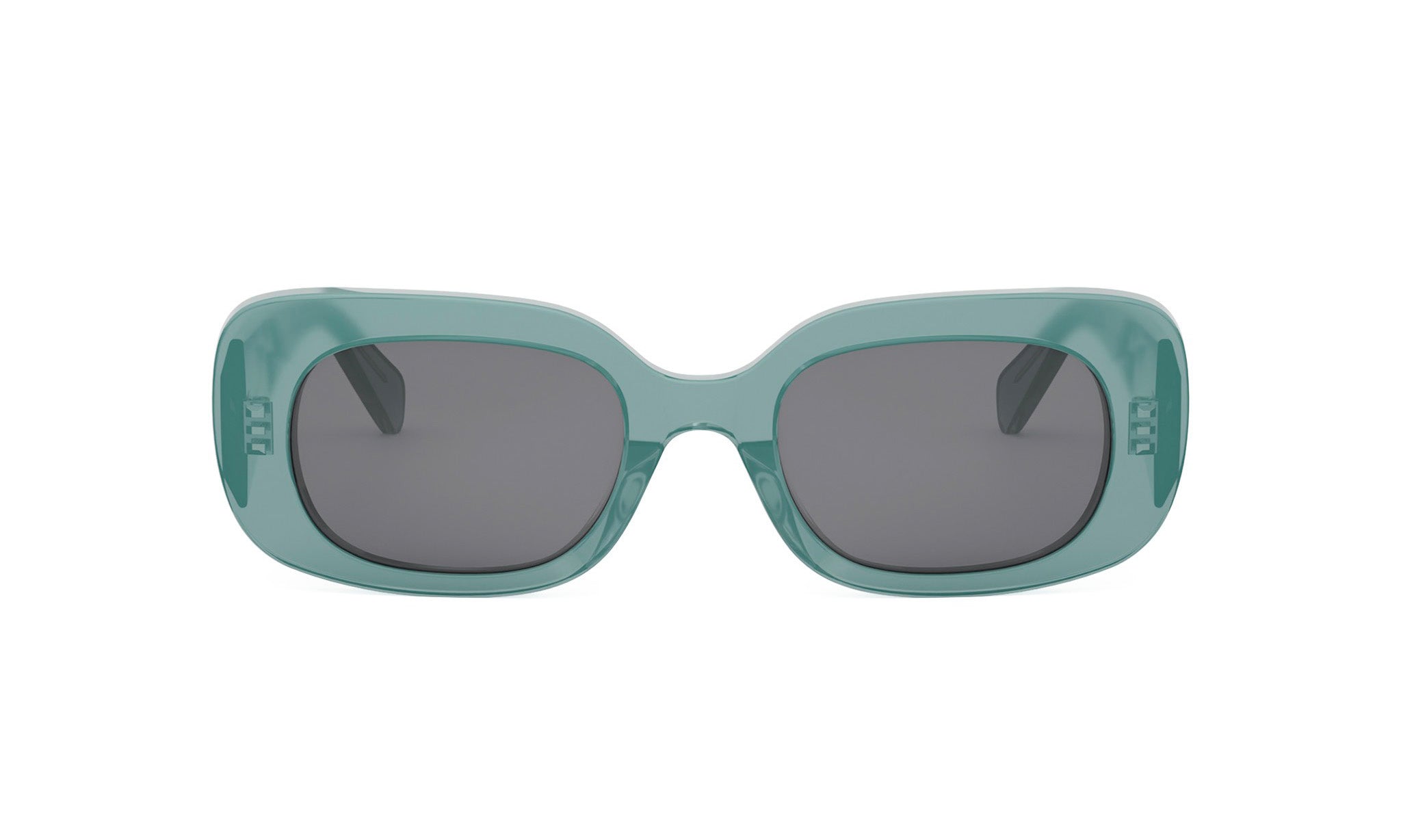 A pair of green-framed sunglasses with dark lenses.