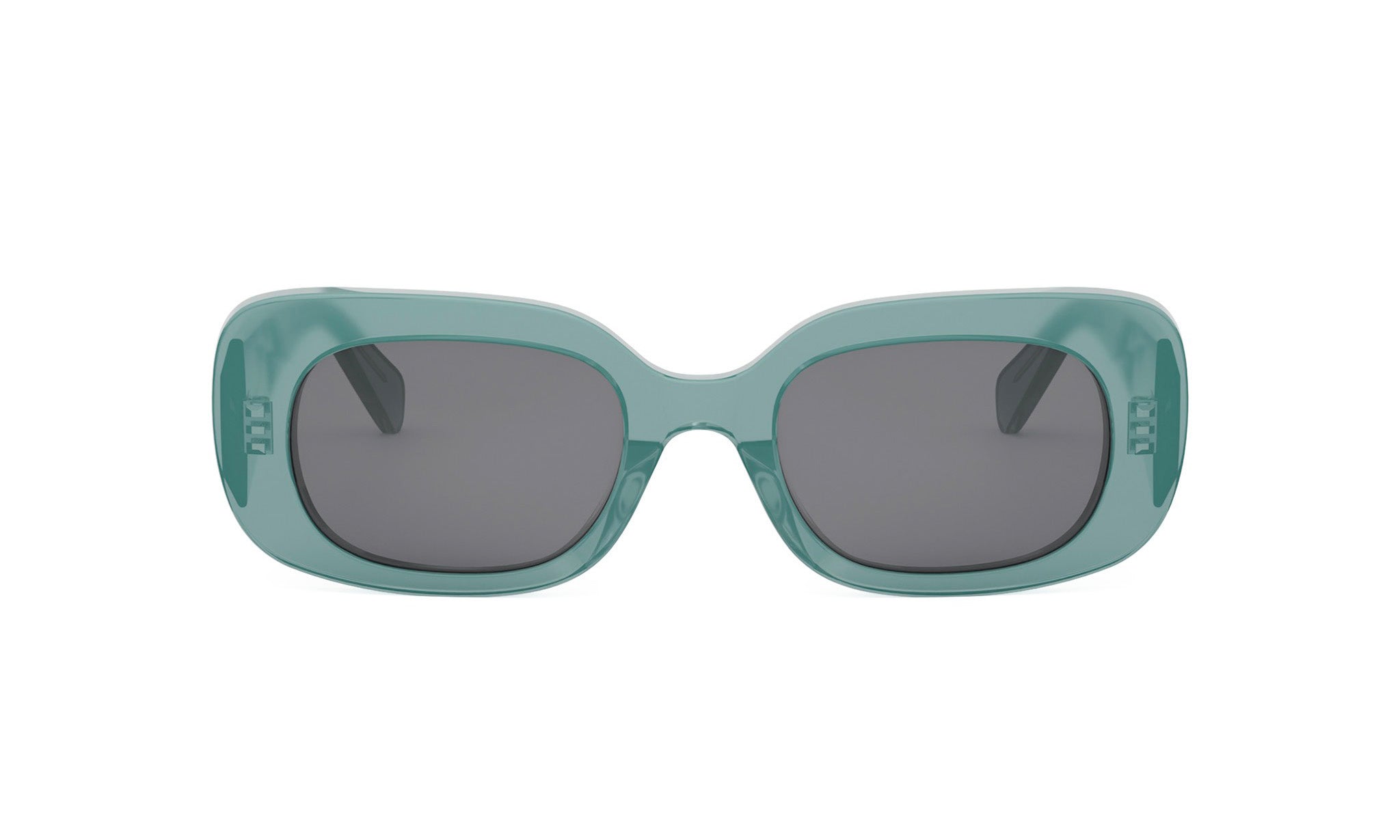 A pair of green-framed sunglasses with dark lenses.