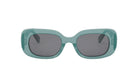 A pair of green-framed sunglasses with dark lenses.