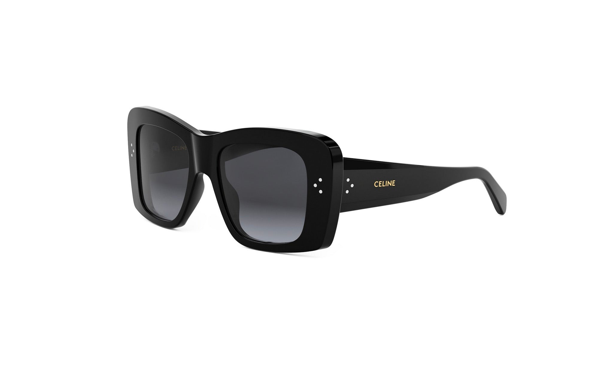 A pair of black sunglasses with the Celine logo on the frame.