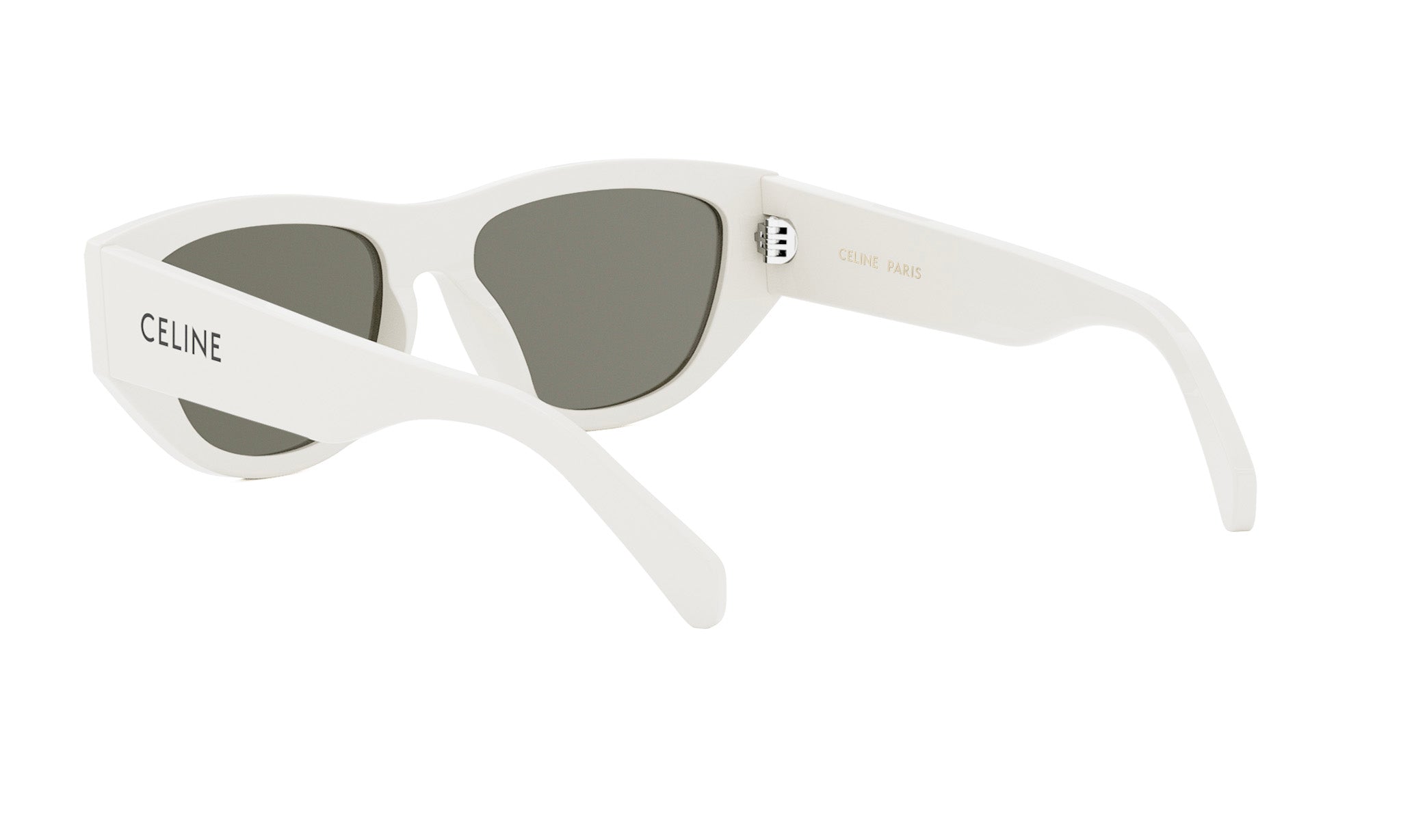 A pair of white sunglasses with the Celine Paris logo on the frame.