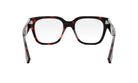 A pair of black-framed glasses with red accents, positioned facing forward against a white background.