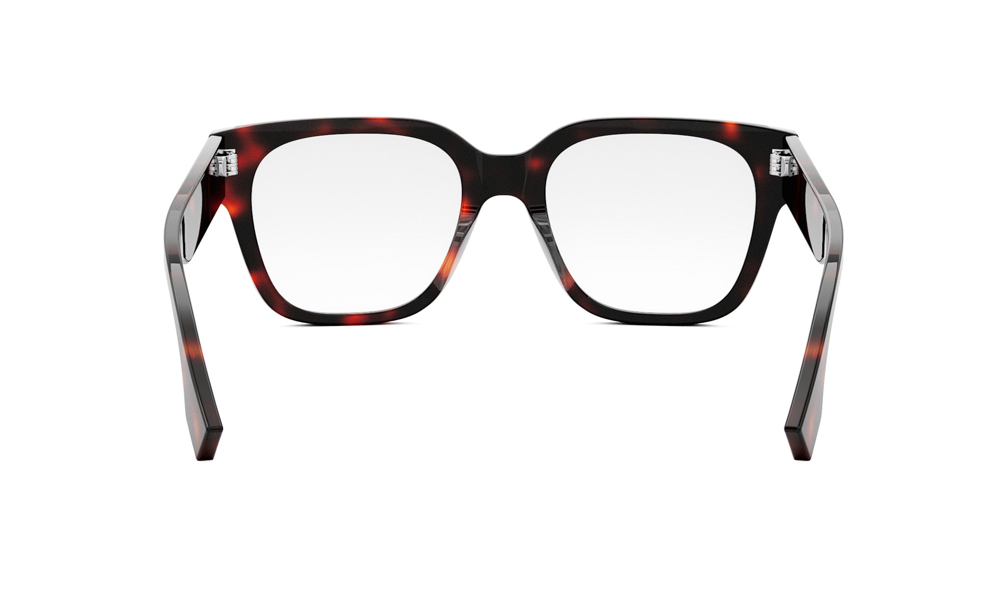 A pair of black-framed glasses with red accents, positioned facing forward against a white background.