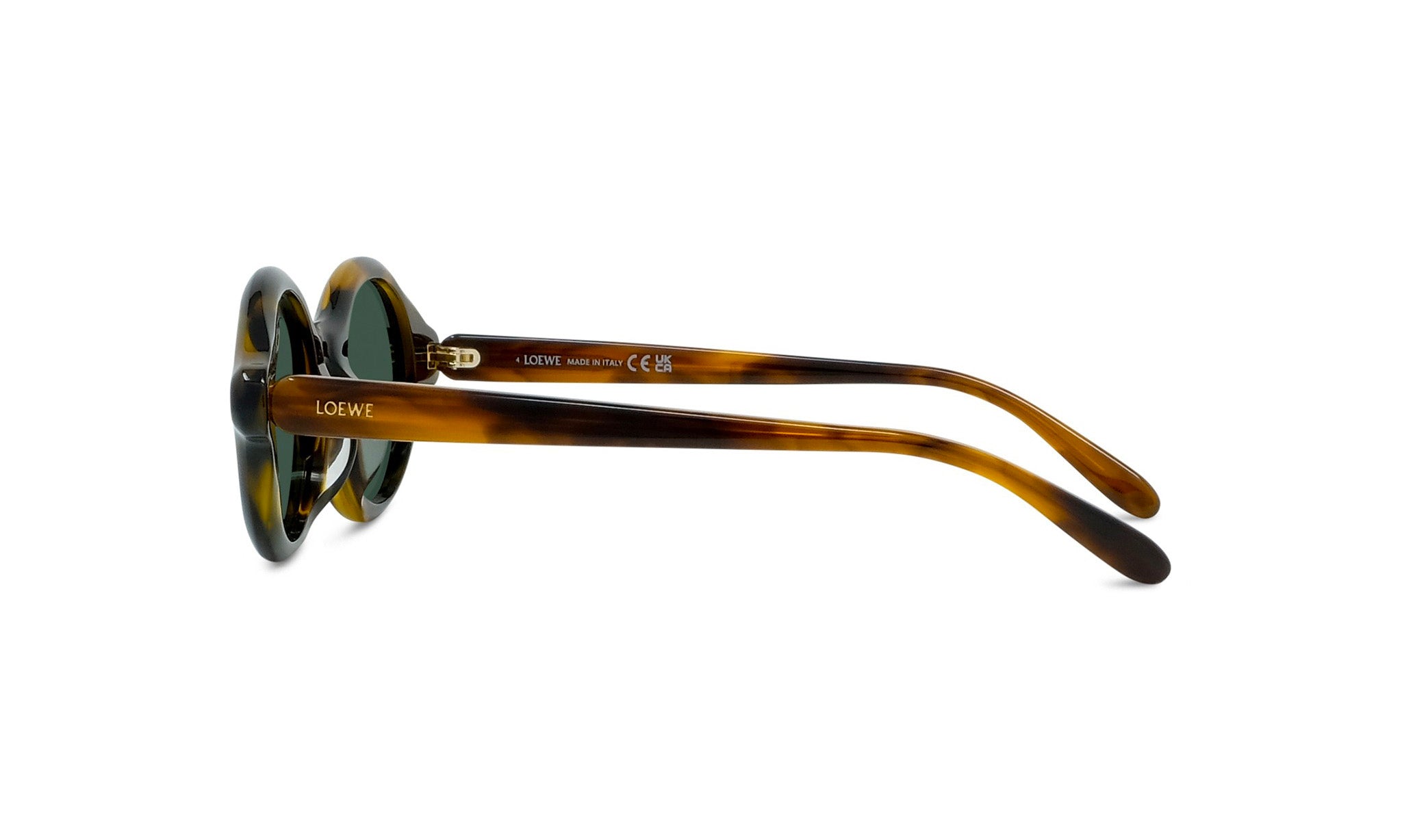 A pair of tortoiseshell sunglasses with the LESS THAN 500 characters logo visible on the frame.