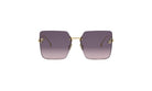 A pair of stylish sunglasses with a gold frame and dark purple lenses.