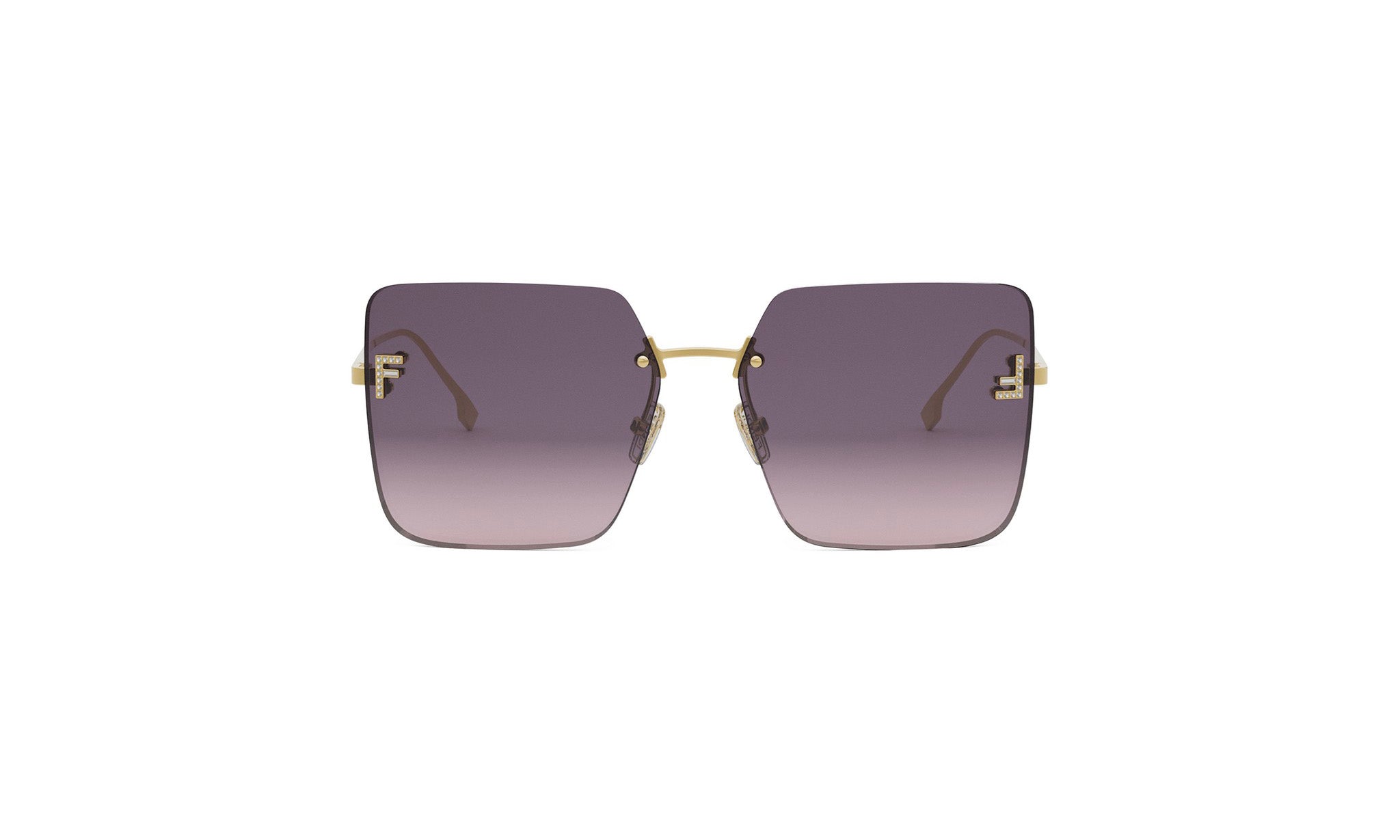 A pair of stylish sunglasses with a gold frame and dark purple lenses.