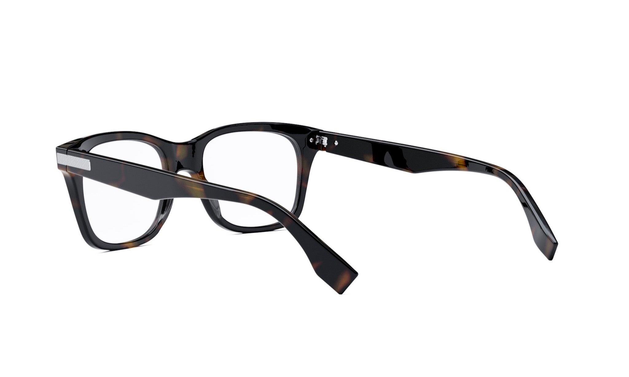 A pair of tortoiseshell-framed glasses with dark frames and a white lens.