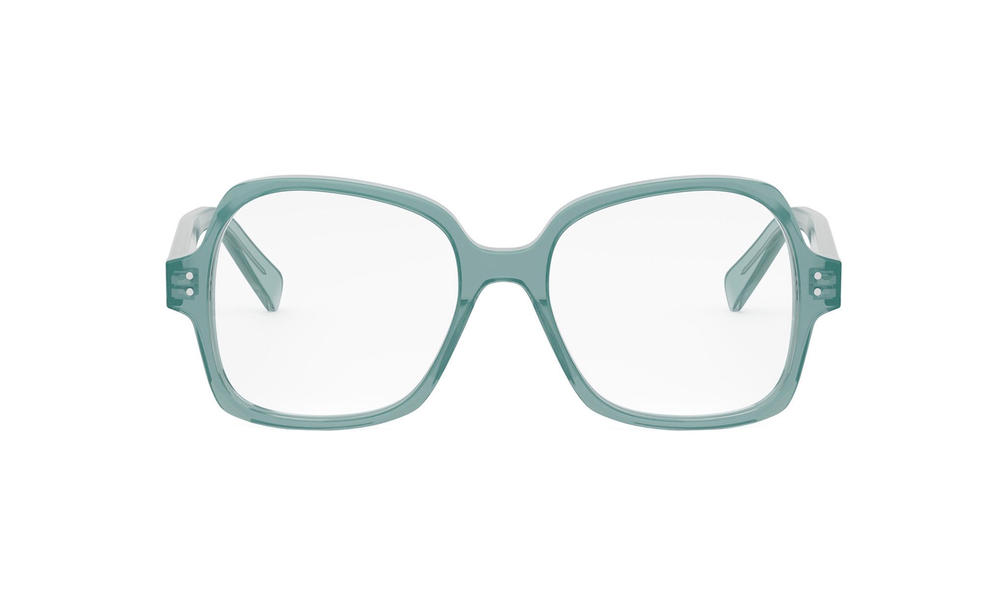 A pair of green-framed glasses with clear lenses.