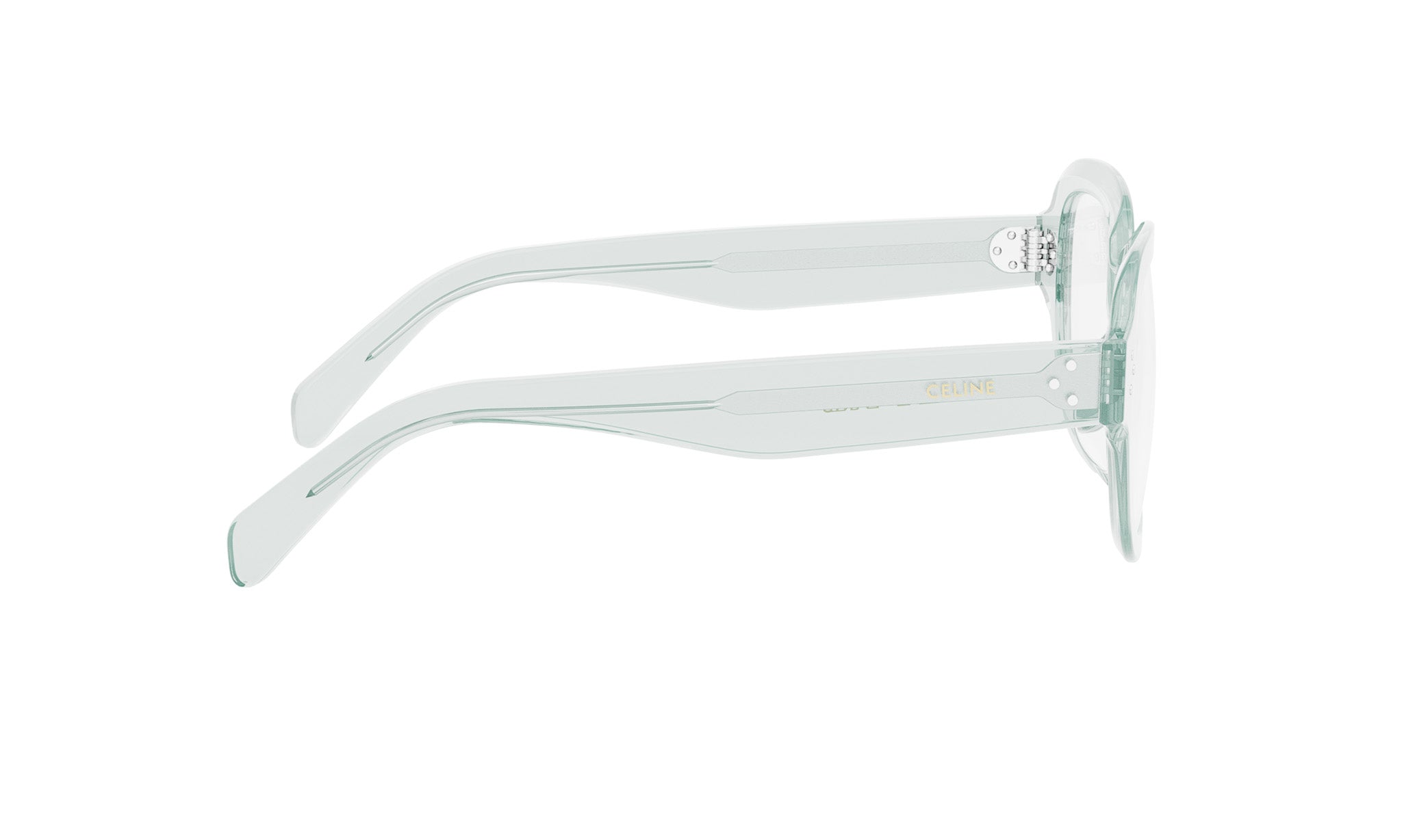 A pair of clear, mint green-colored sunglasses with a sleek, modern design.
