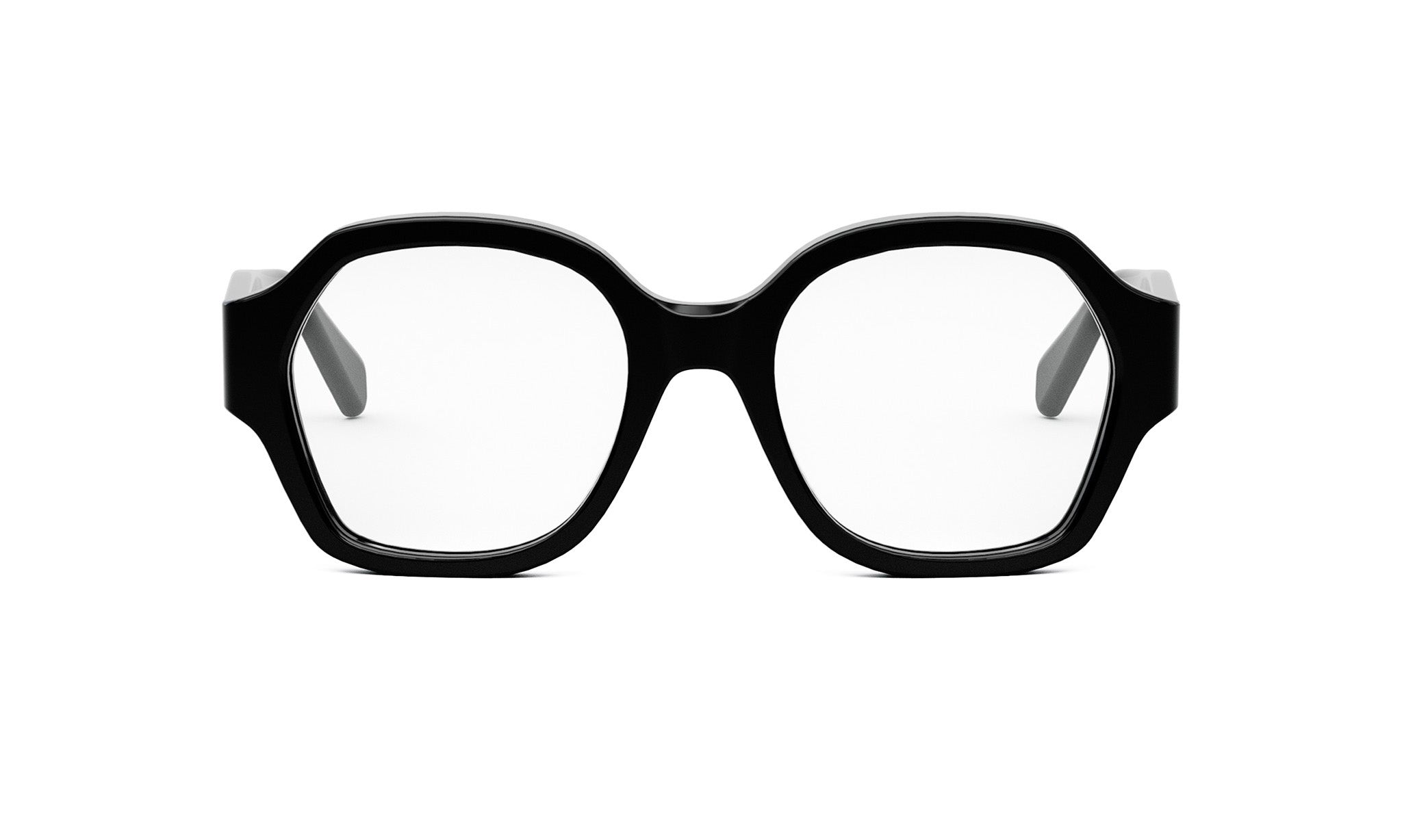 A pair of black-framed glasses with clear lenses, set against a white background.