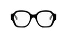 A pair of black-framed glasses with clear lenses, set against a white background.