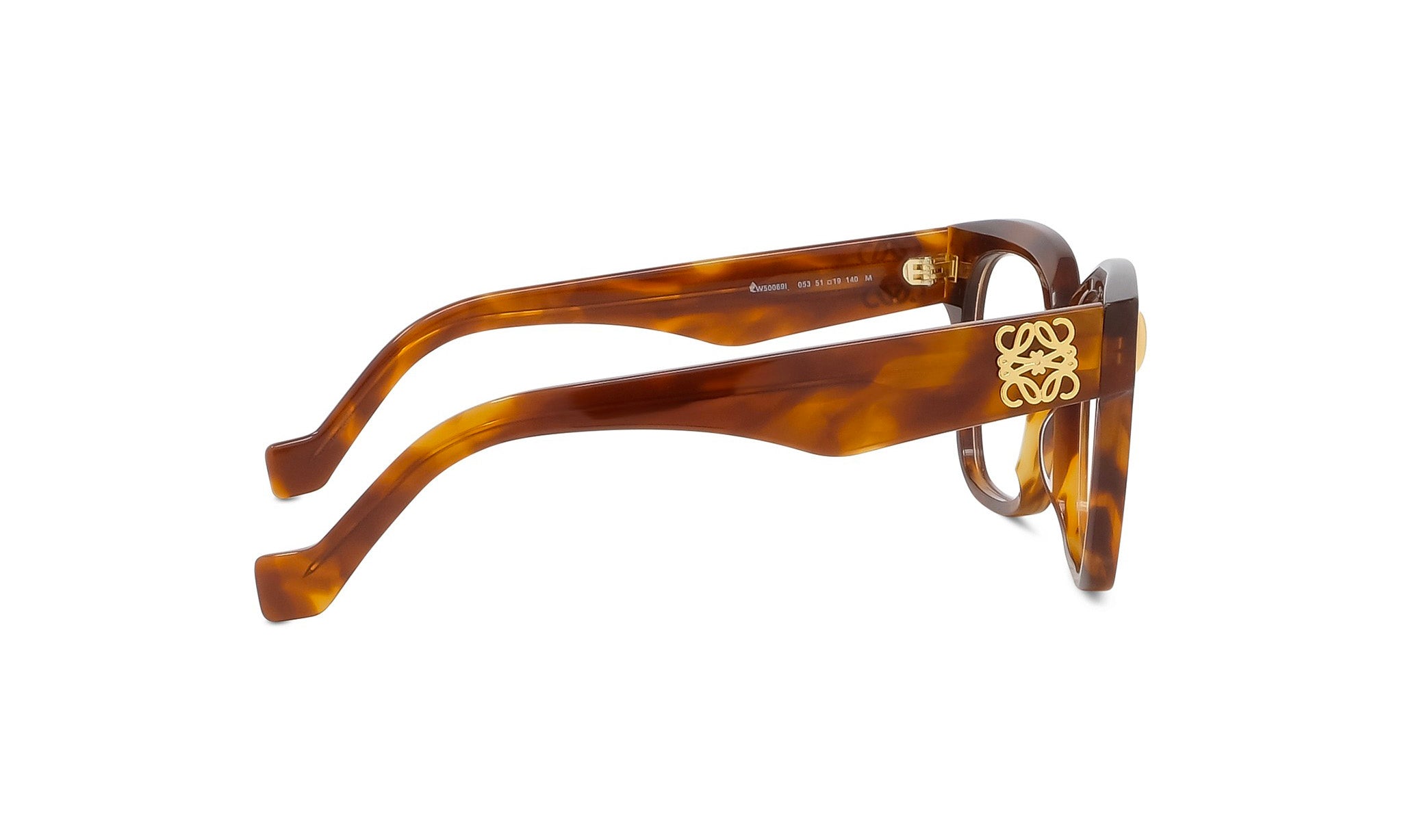 A pair of brown-framed glasses with a gold-colored logo on the temple.
