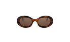 A pair of brown oval-shaped sunglasses with dark lenses.