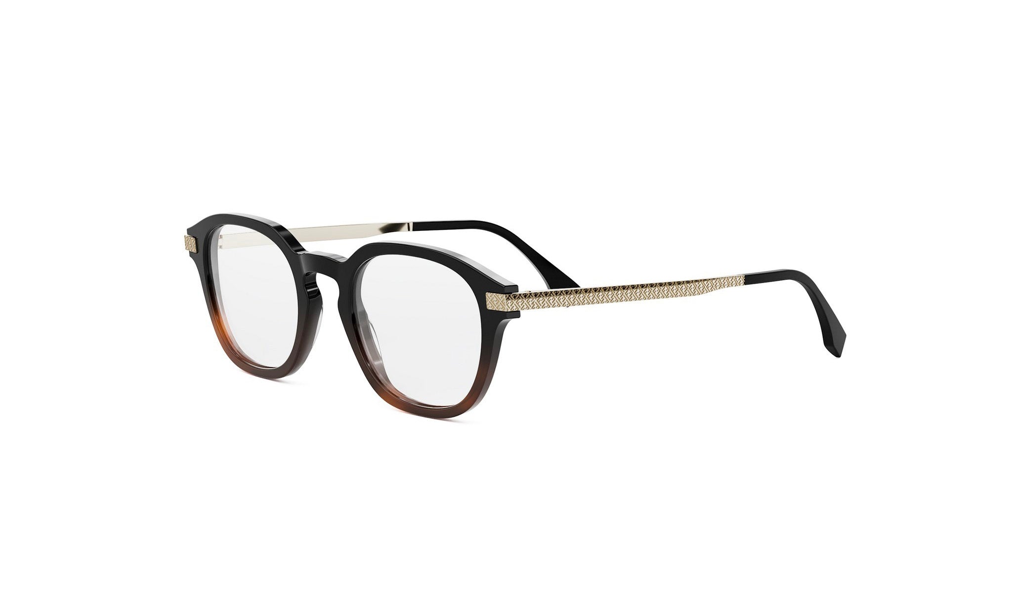 A pair of stylish, black-framed glasses with a gold-colored accent strip.