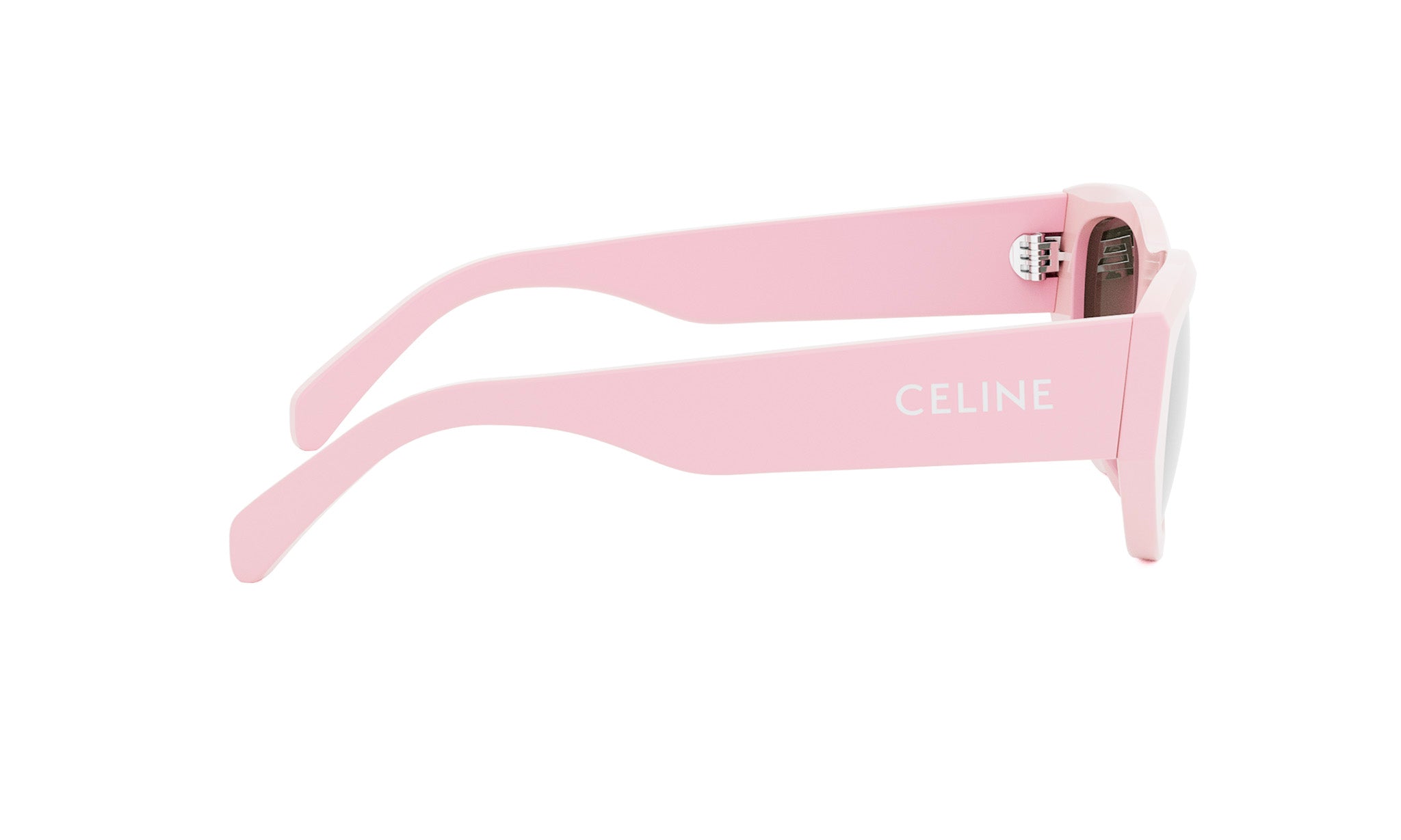 A pair of pink sunglasses with the word "Celine" written on the frame.