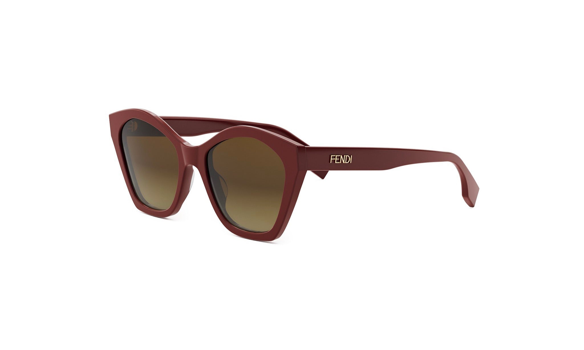 A pair of burgundy-colored cat-eye sunglasses with the Fendi logo on the frame.