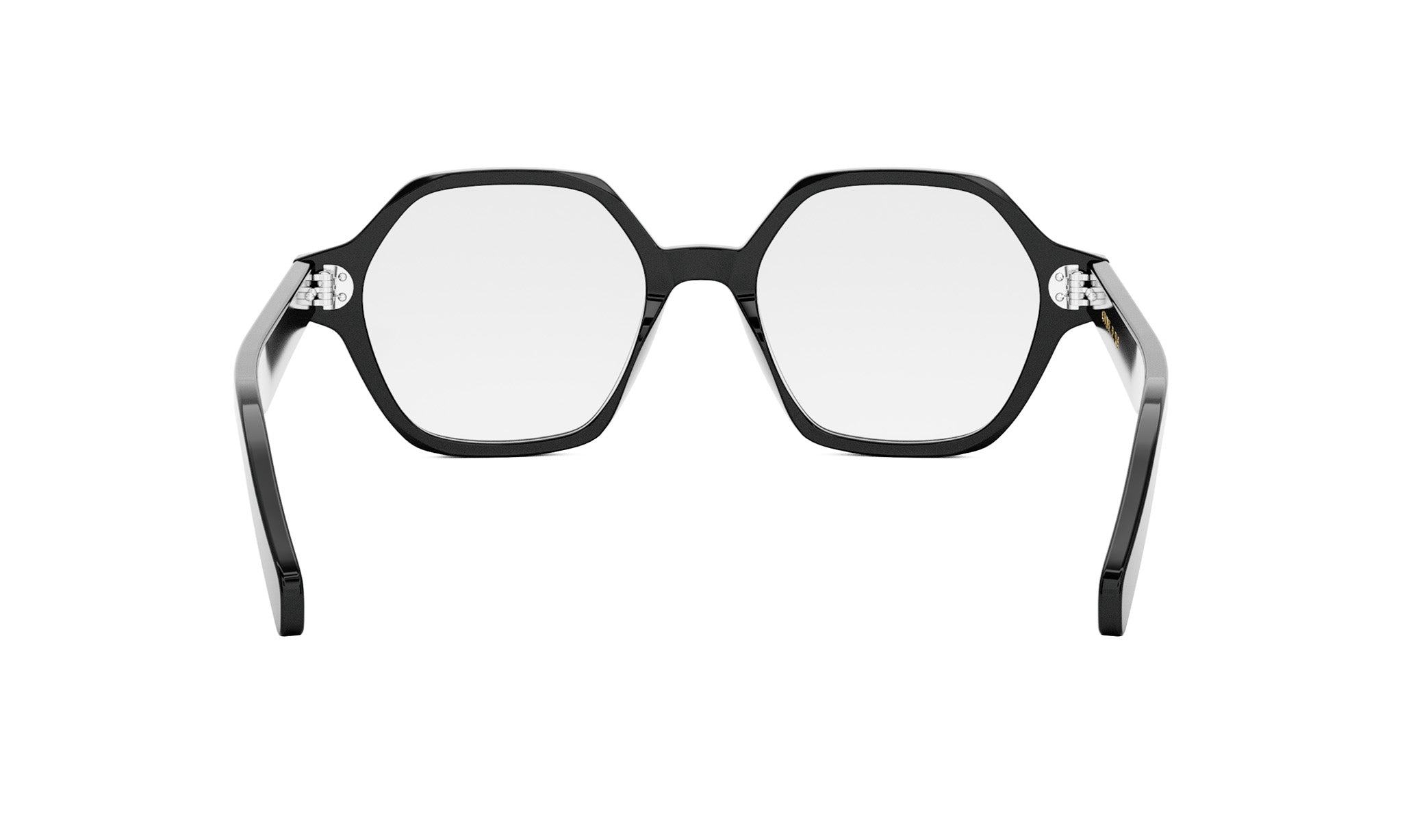 A pair of black-framed glasses with a unique, hexagonal shape.