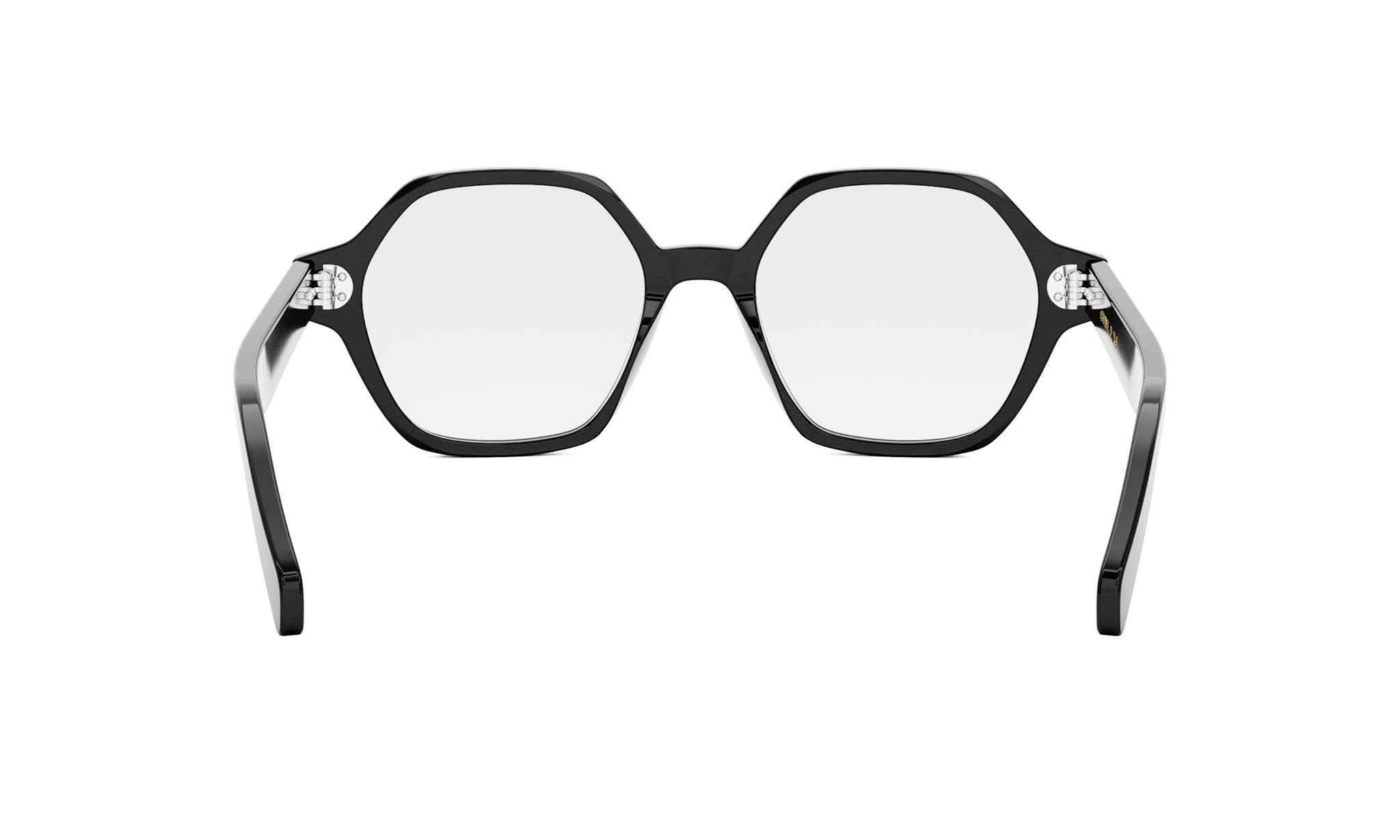 A pair of black-framed glasses with a unique, hexagonal shape.