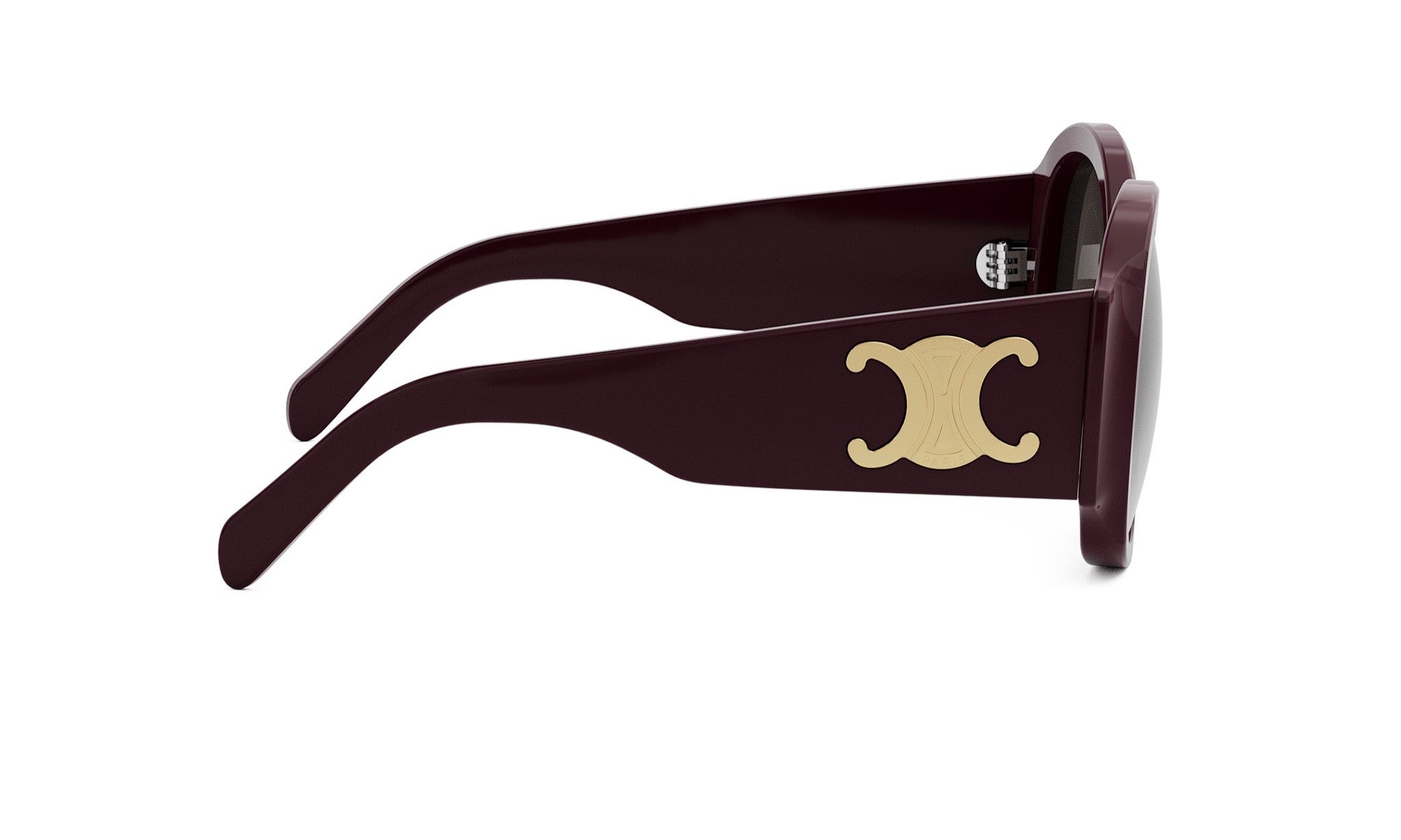 A pair of burgundy-colored sunglasses with a gold logo on the frame.