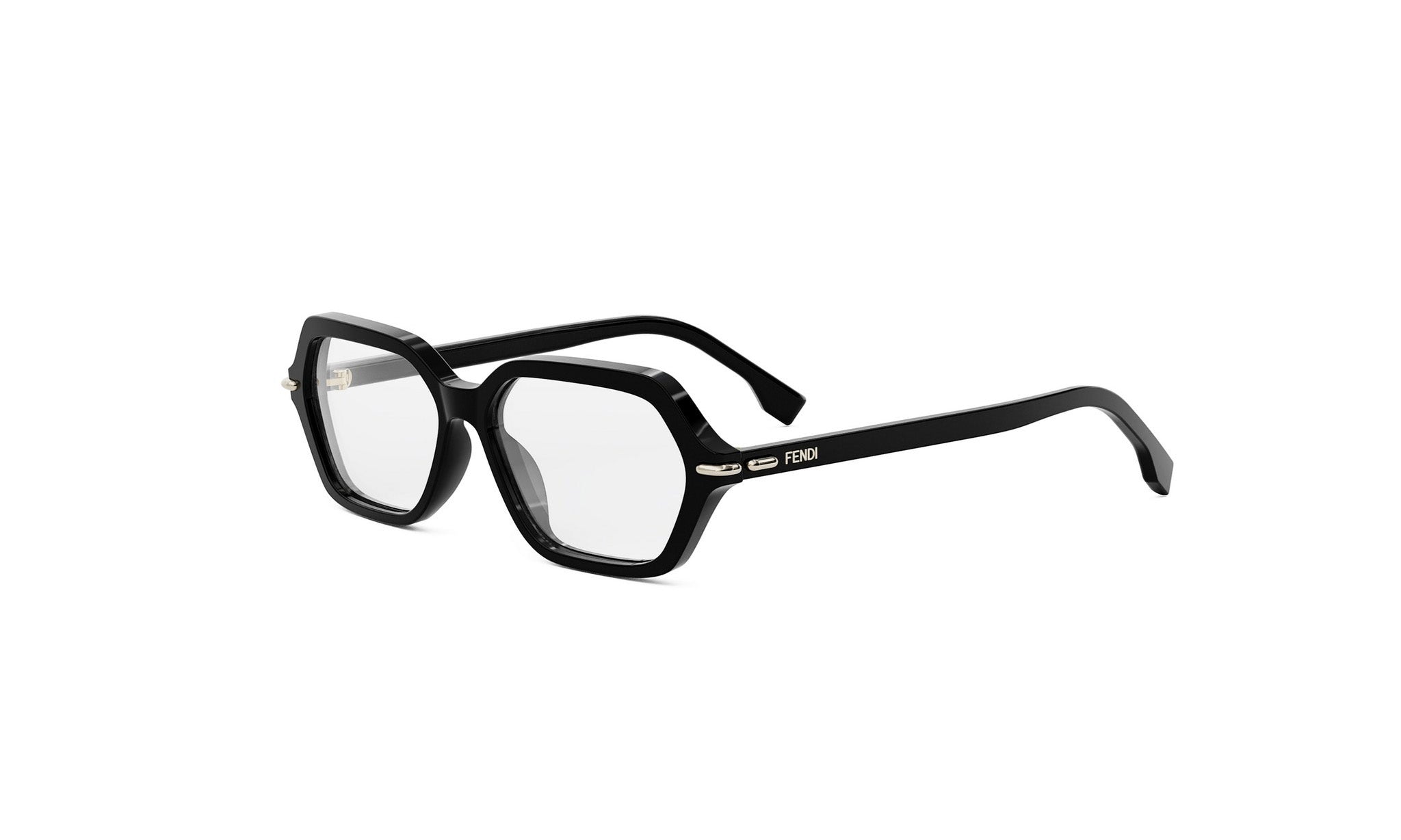 A pair of black-framed glasses with a hexagonal frame and clear lenses.