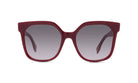 A pair of red-framed sunglasses with dark lenses.