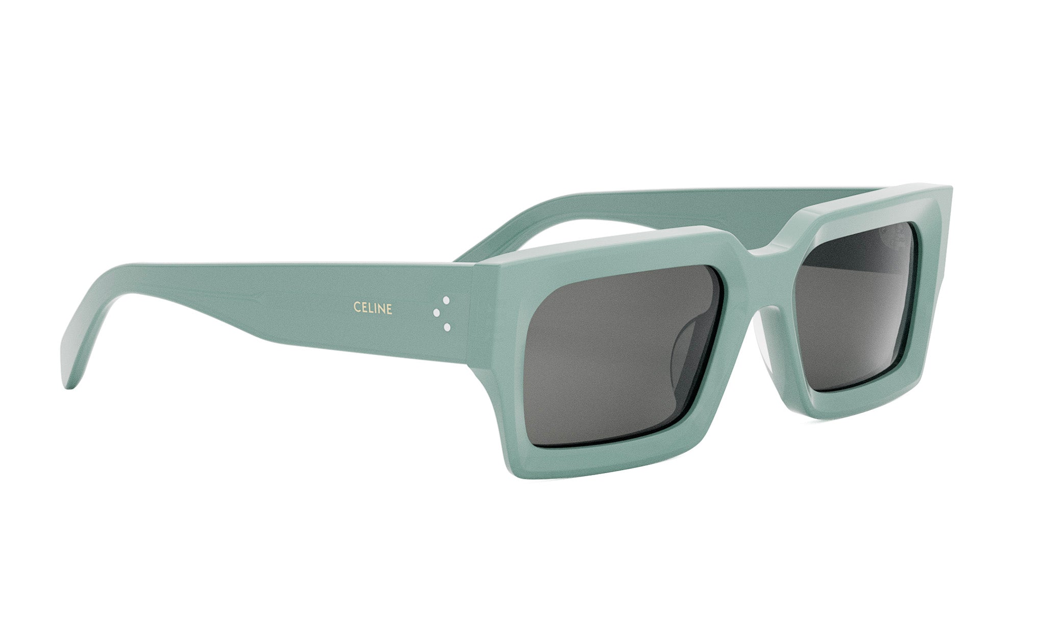 A pair of light green sunglasses with dark lenses.