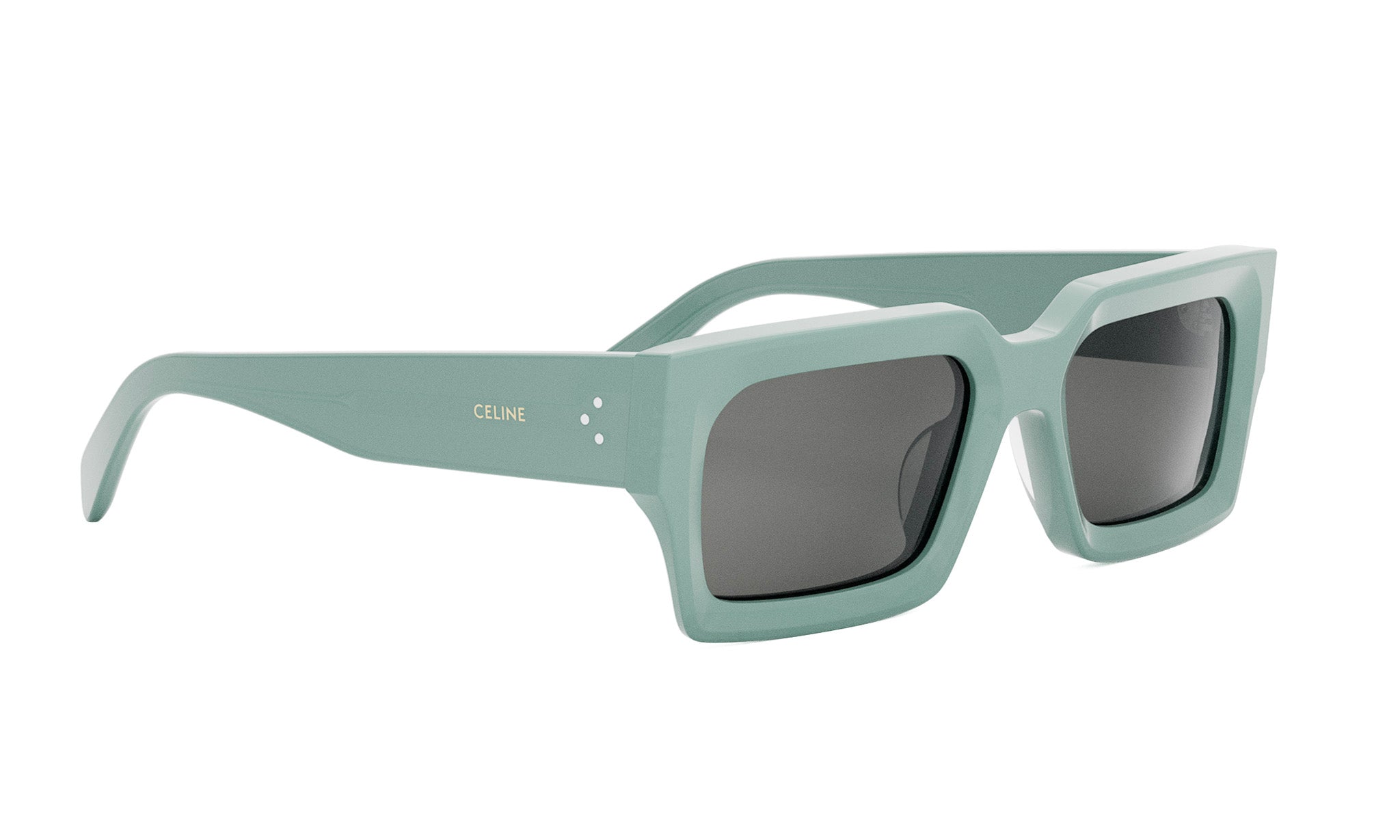 A pair of light green sunglasses with dark lenses.