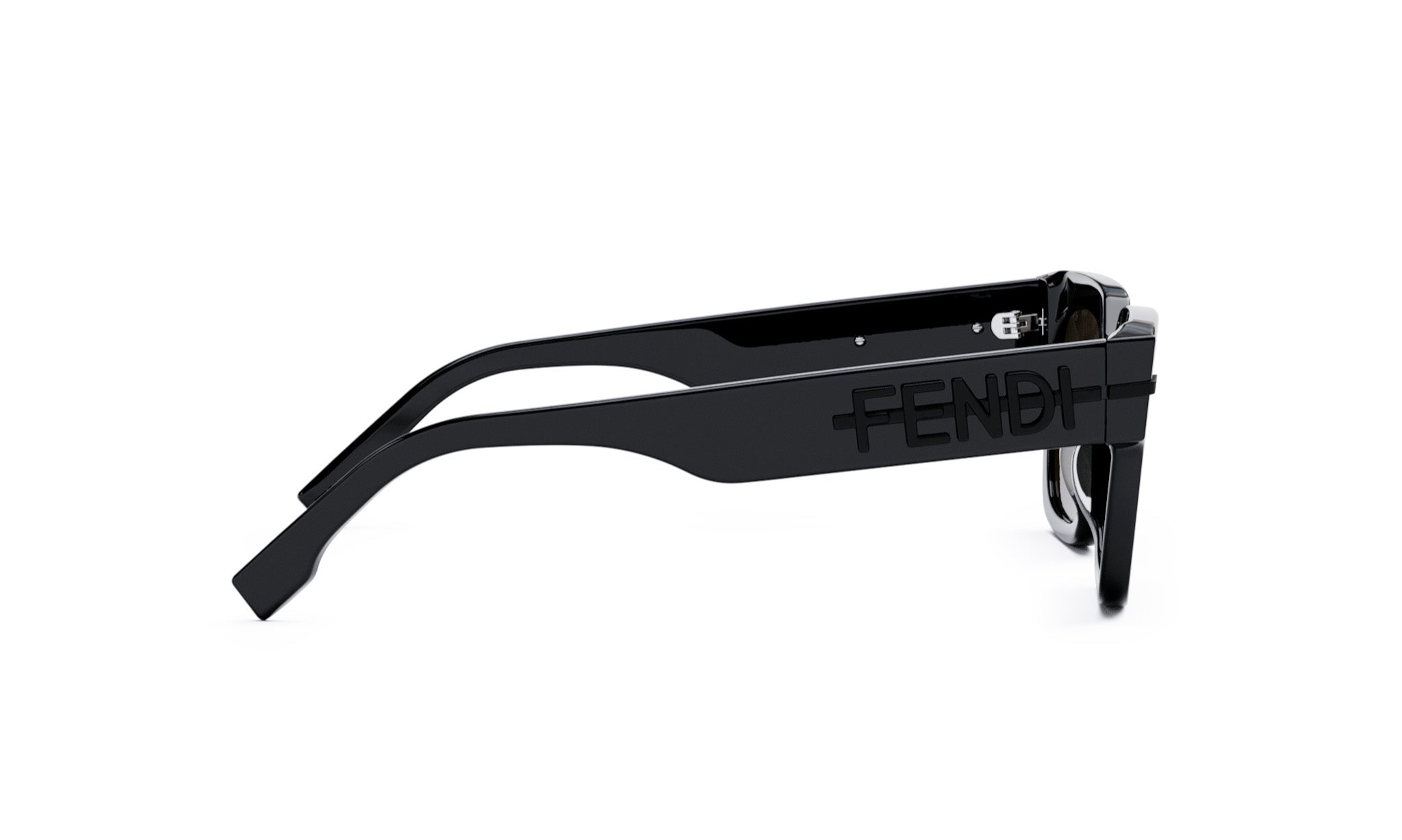 A pair of black Fendi sunglasses with the brand name prominently displayed on the frame.