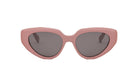 A pair of pink cat-eye sunglasses with dark lenses.