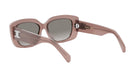 A pair of stylish sunglasses with a pink frame and dark lenses.