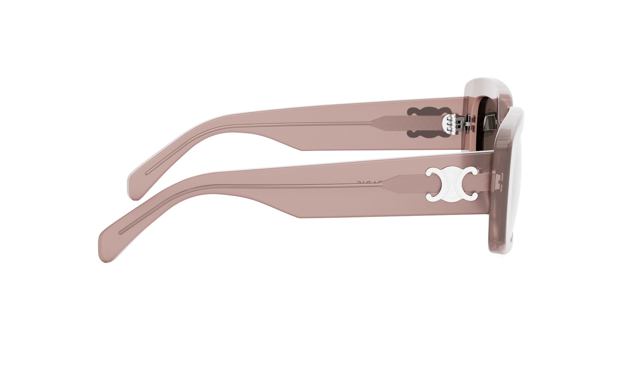 A pair of stylish sunglasses with a pink frame and white accents.