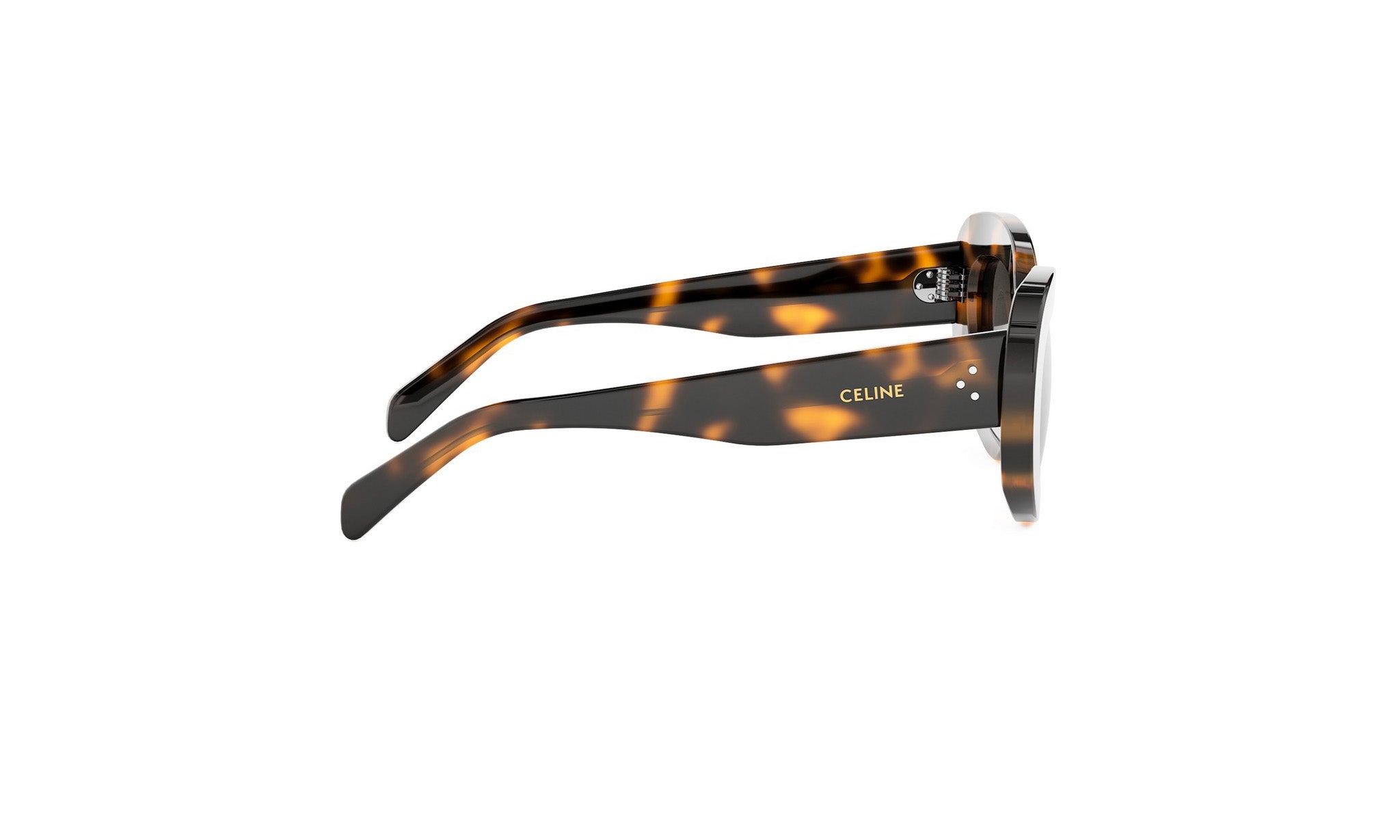 A pair of sunglasses with a tortoiseshell frame and the Celine logo on the temples.