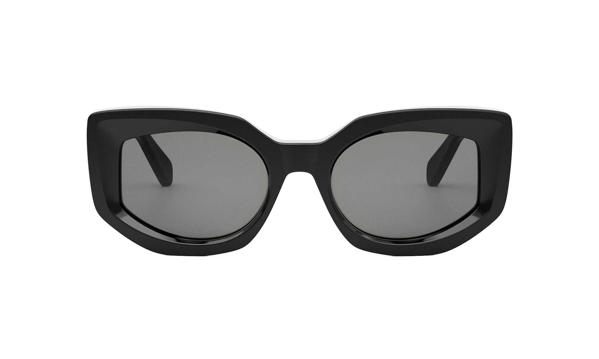 A pair of black, oversized sunglasses with a sleek, modern design.