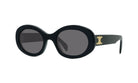 A pair of black sunglasses with a gold C logo on the frame.
