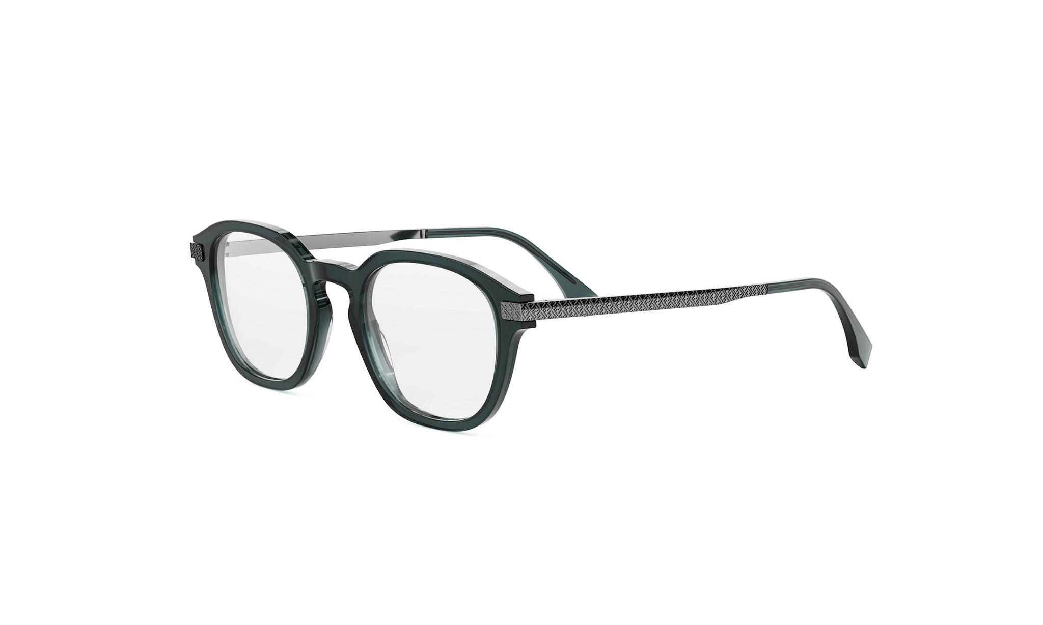 A pair of dark green-framed glasses with a sleek, modern design.