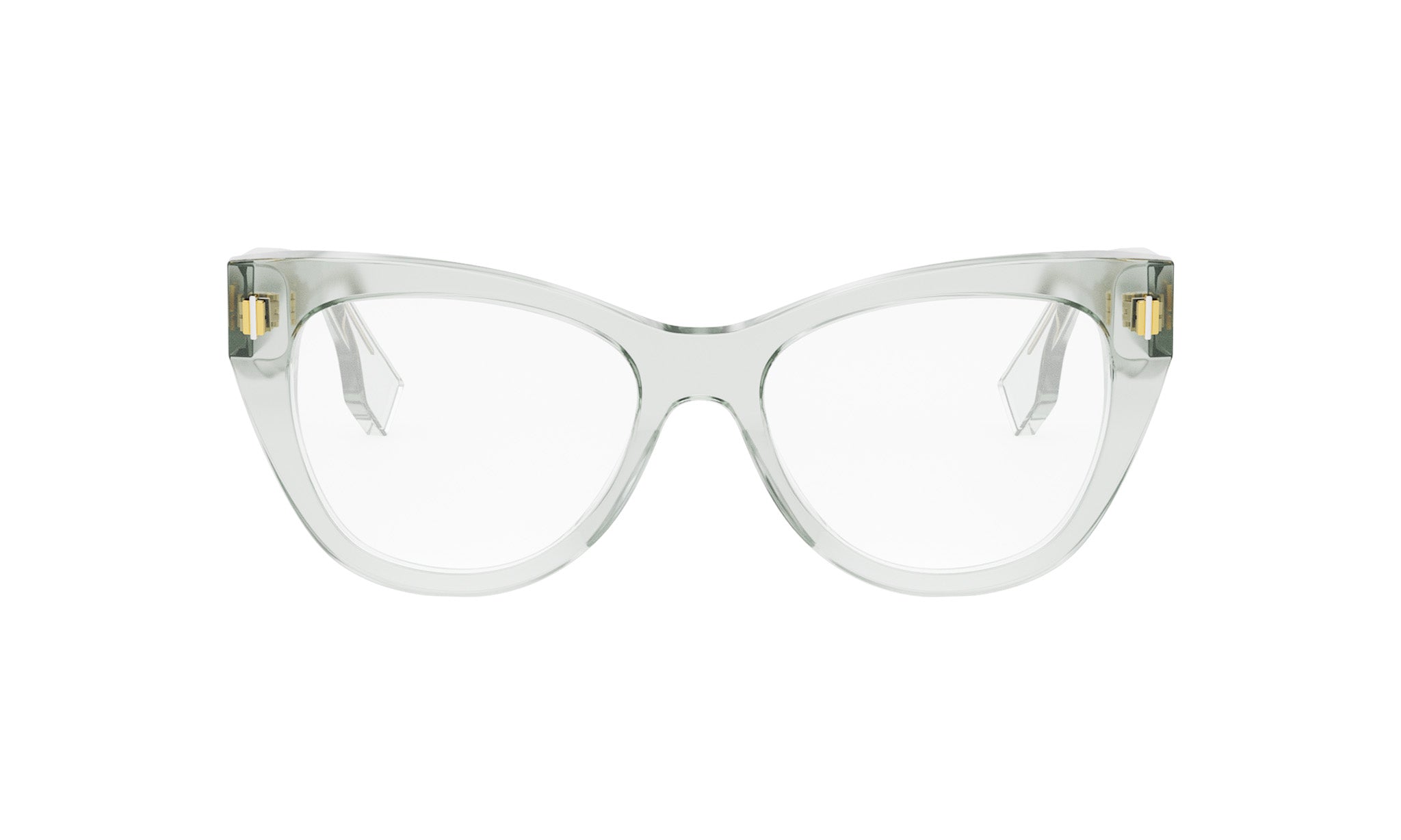 A pair of clear, cat-eye-shaped glasses with gold accents.