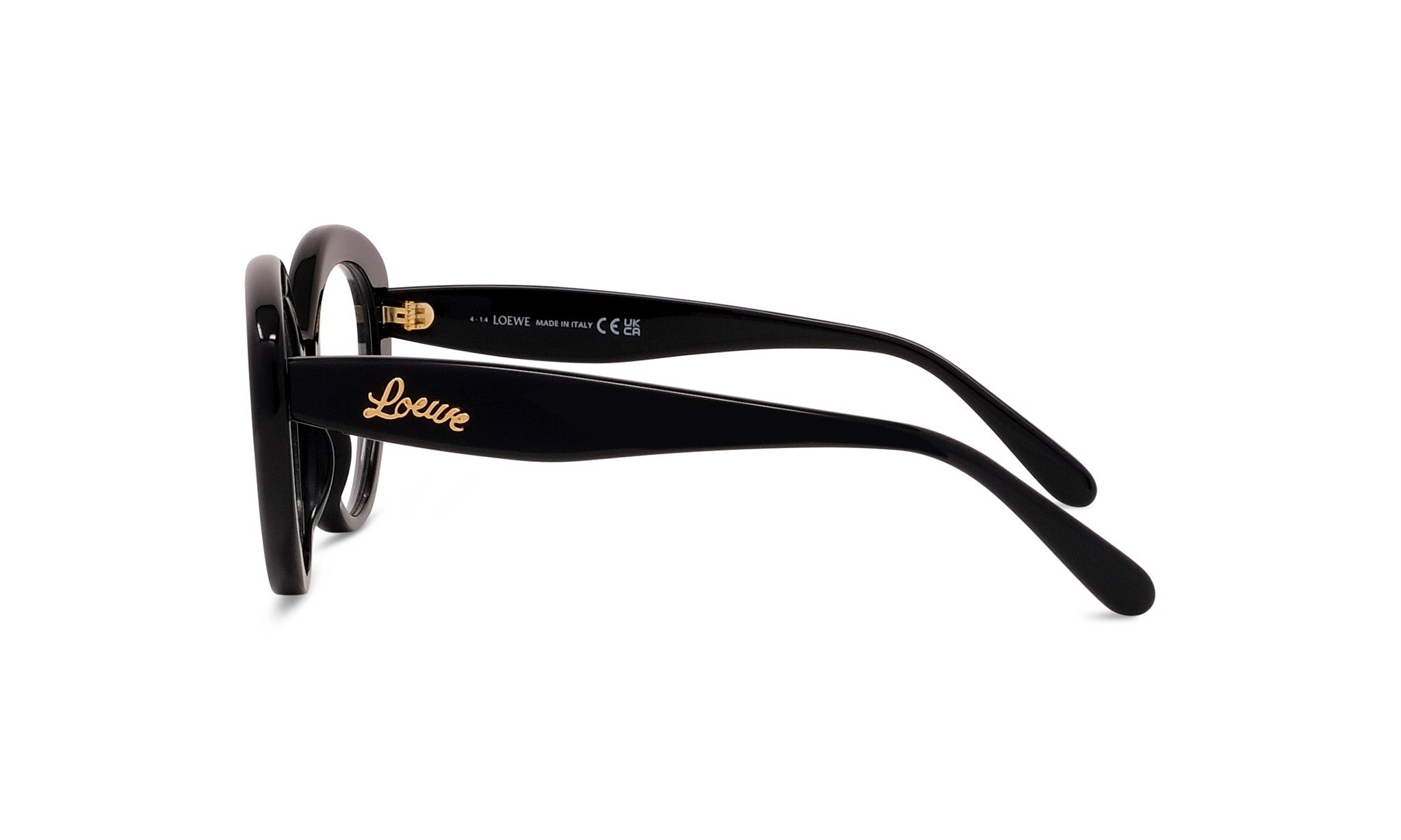 A pair of black-framed glasses with gold lettering on the temples.