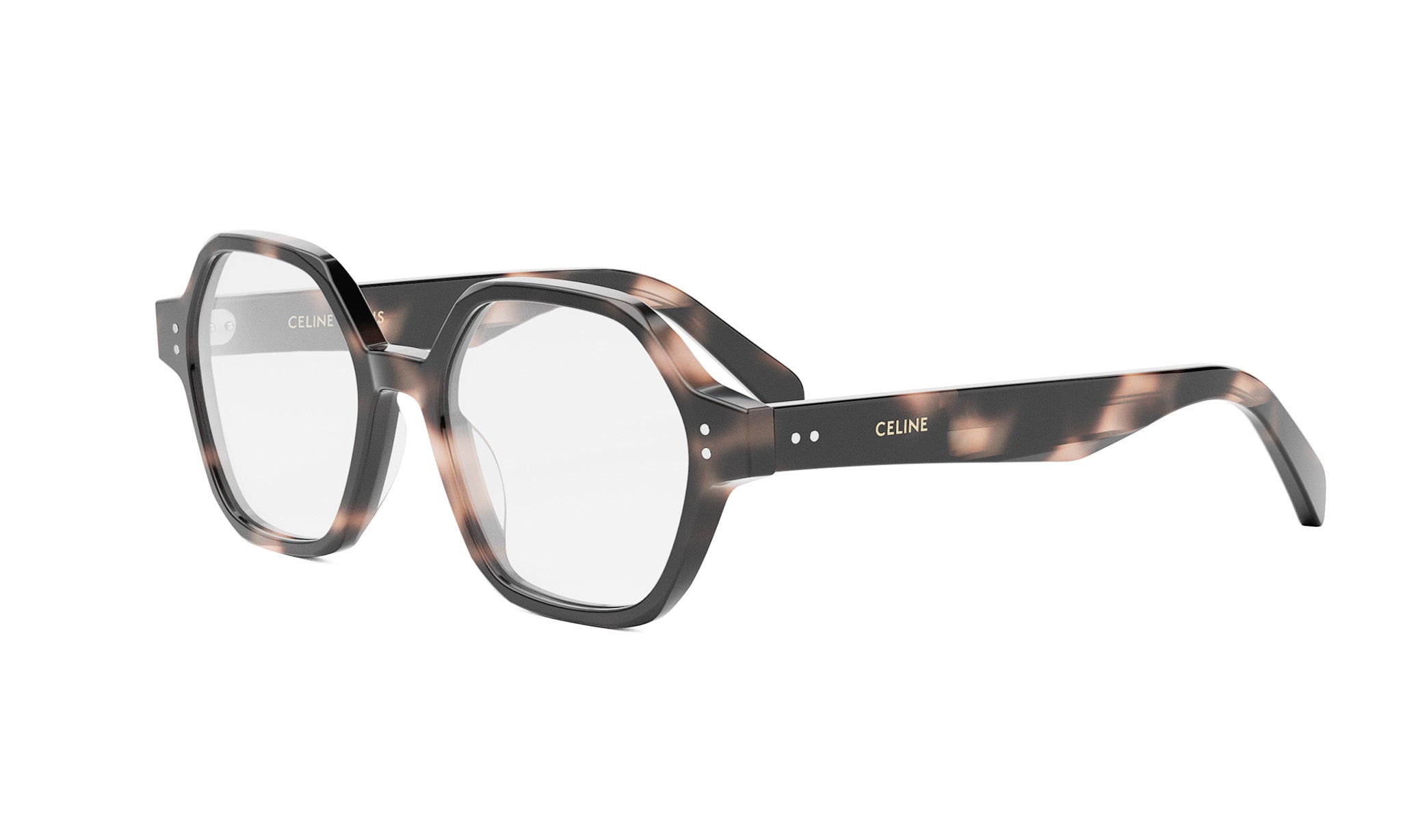 A pair of stylish, tortoiseshell-framed glasses with a dark frame and clear lenses.