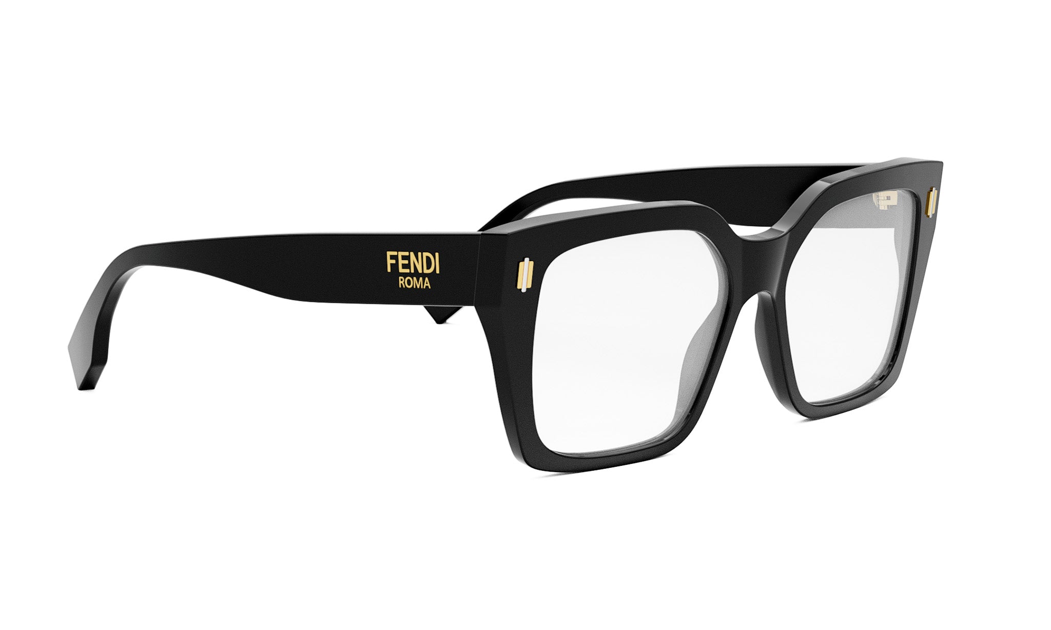A pair of black Fendi glasses with gold accents.