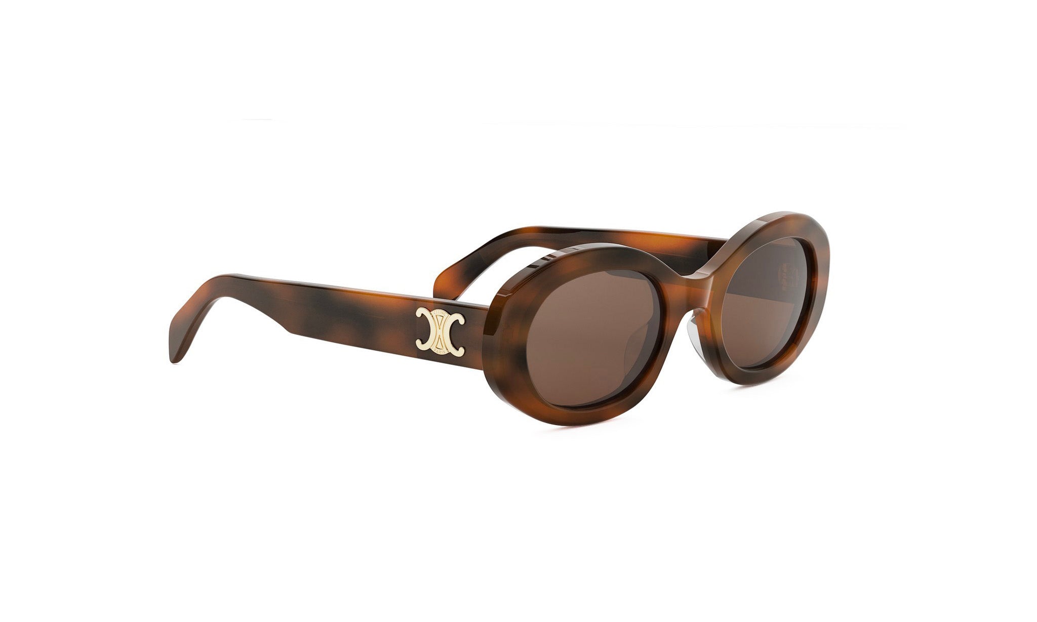 A pair of brown tortoiseshell sunglasses with a gold C logo on the frame.