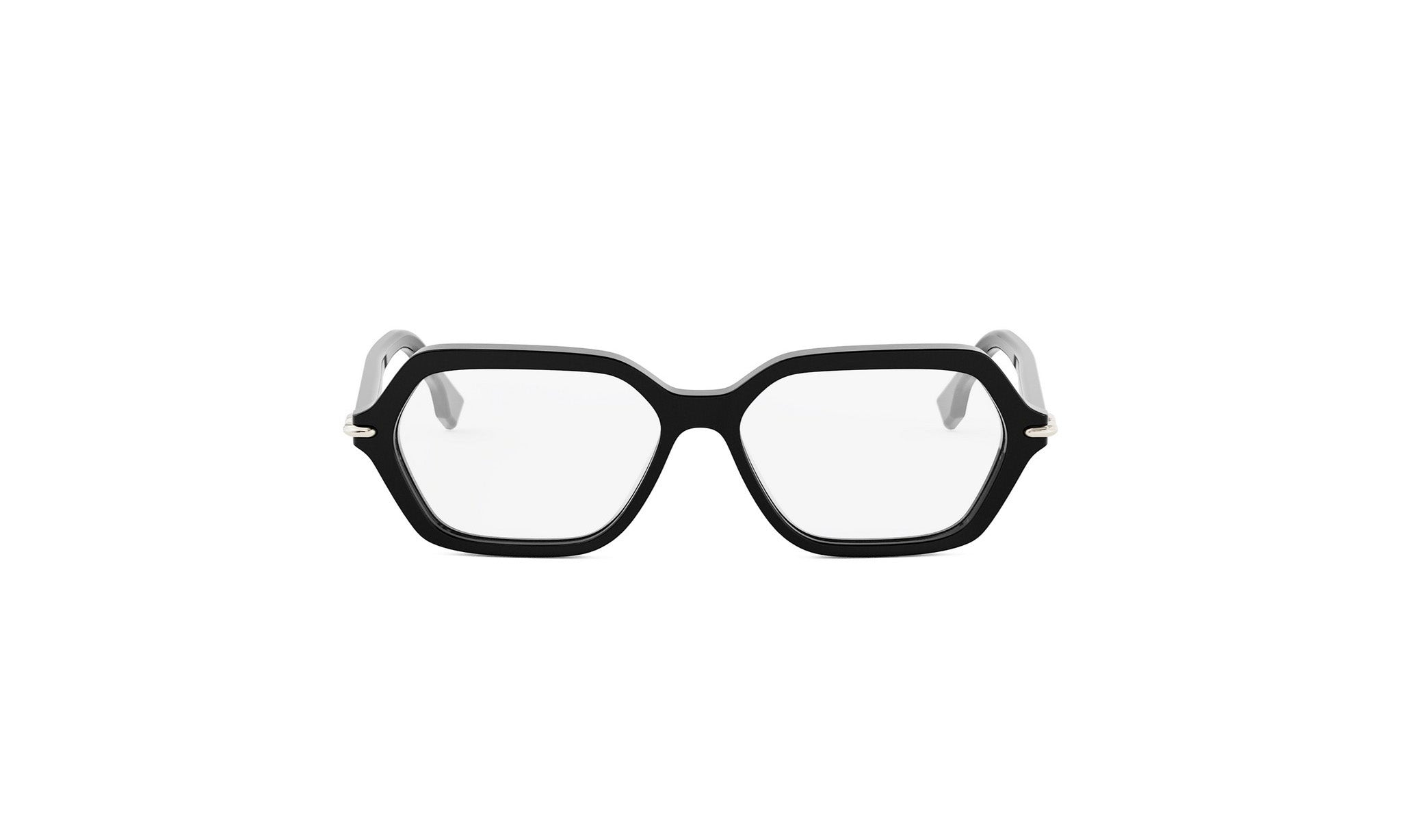 A pair of black-framed glasses with clear lenses, set against a white background.