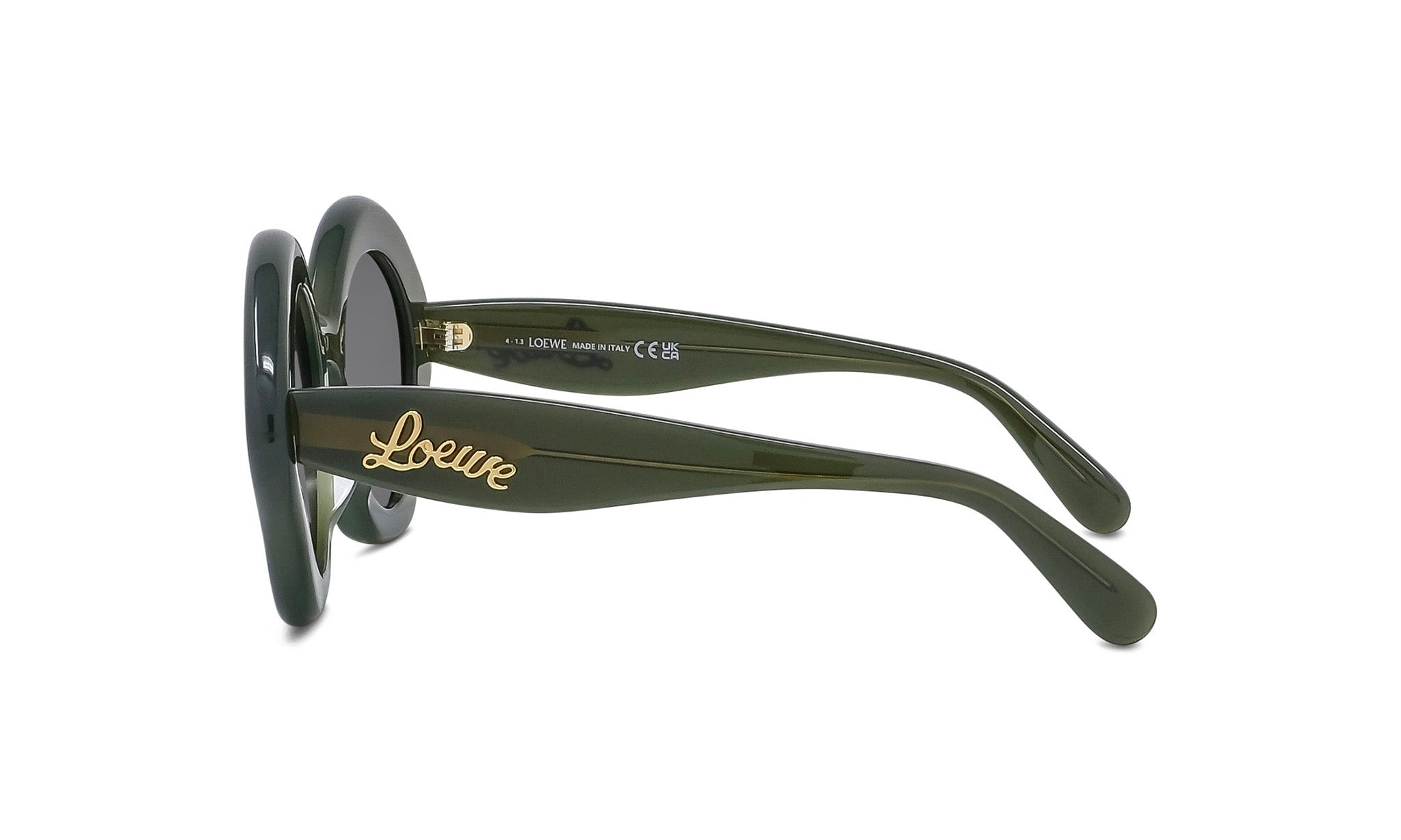 A pair of dark green sunglasses with gold text on the frame.