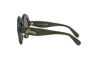 A pair of dark green sunglasses with gold text on the frame.