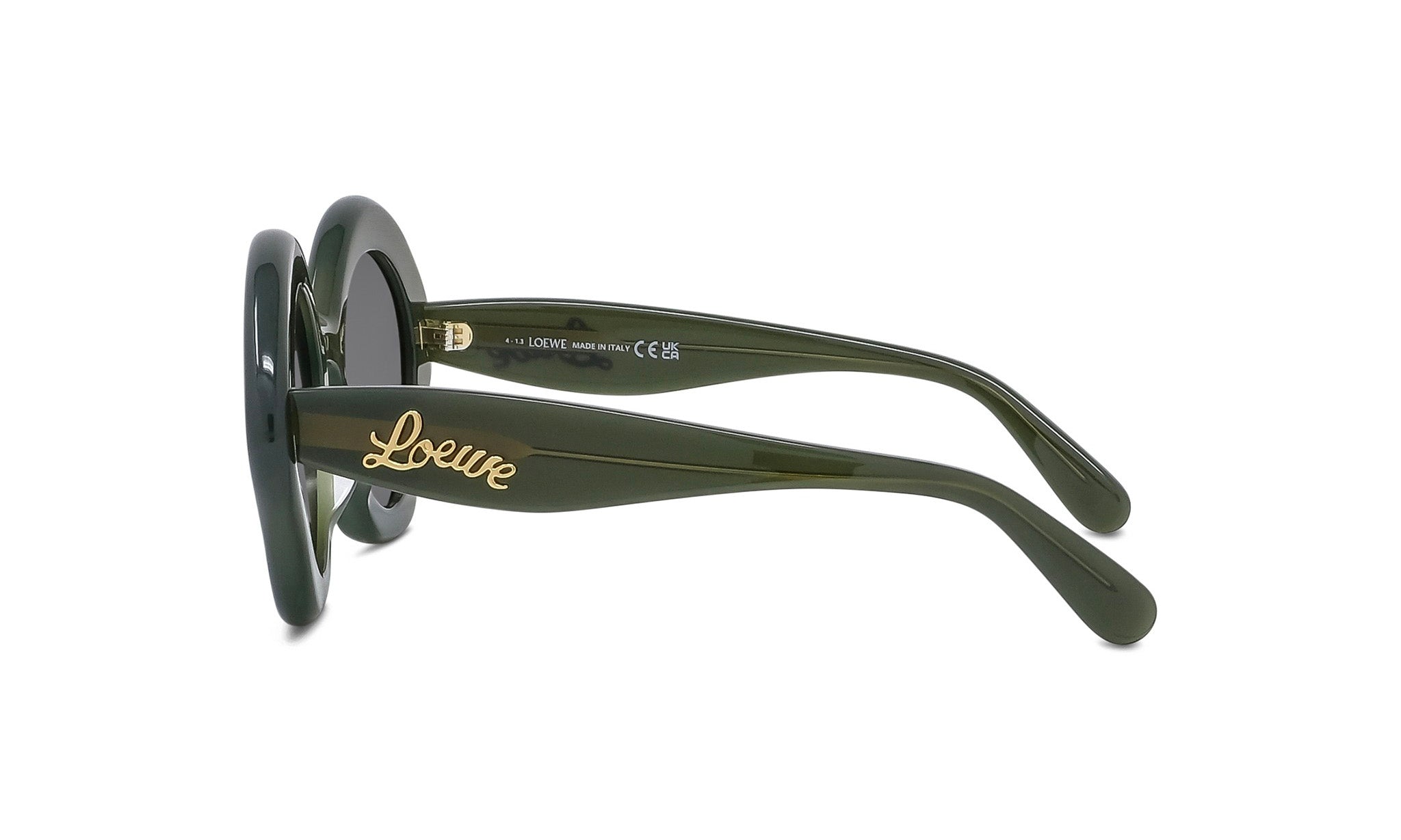 A pair of dark green sunglasses with gold text on the frame.