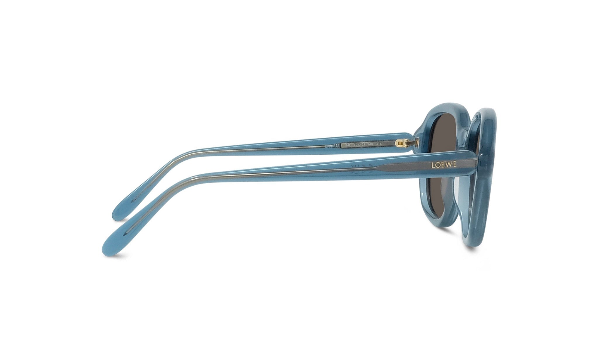 A pair of blue sunglasses with the LESS THAN 500 characters logo on the frame.