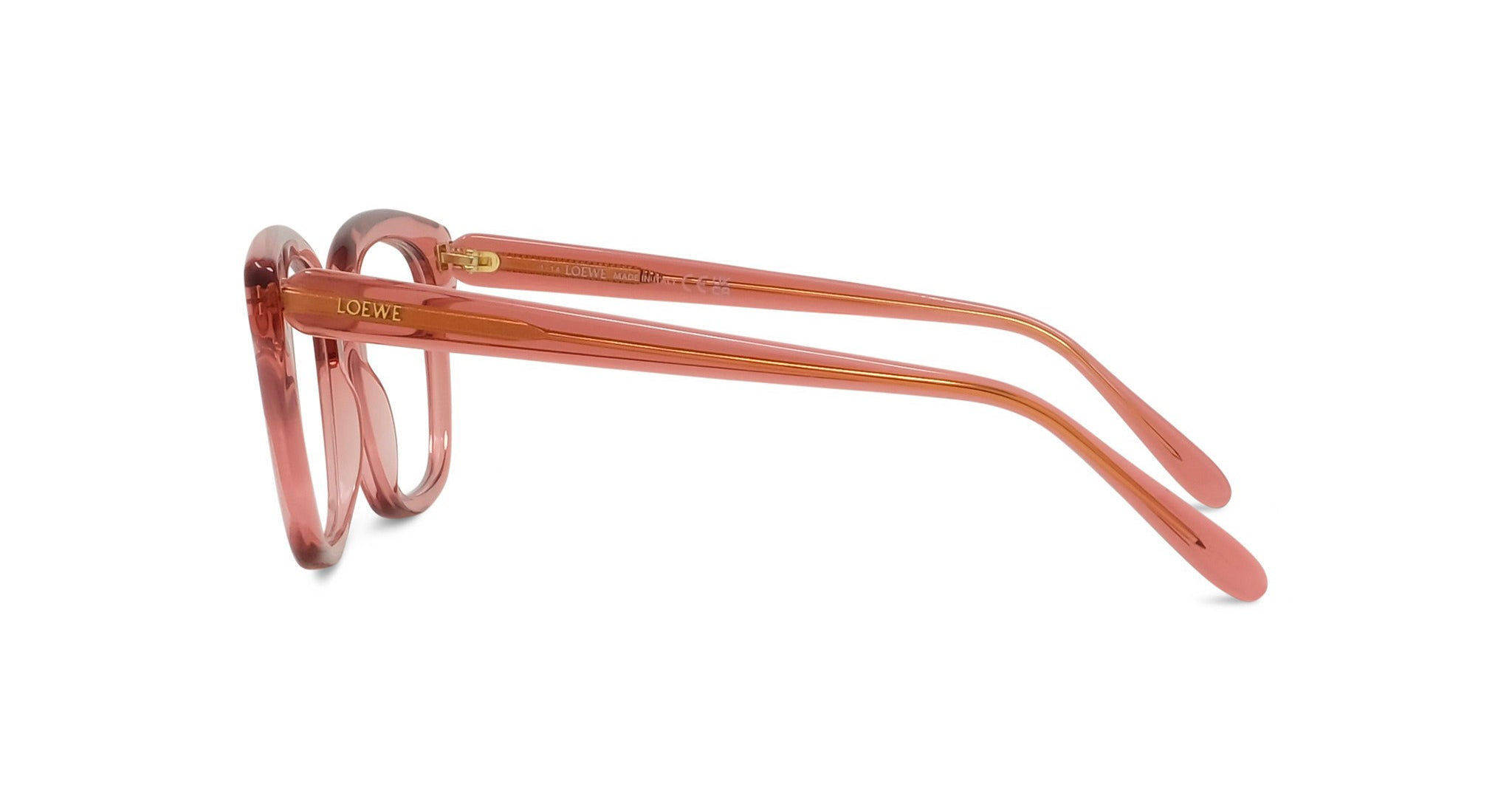 A pair of pink-tinted eyeglasses with the LEOE brand name visible on the temples.
