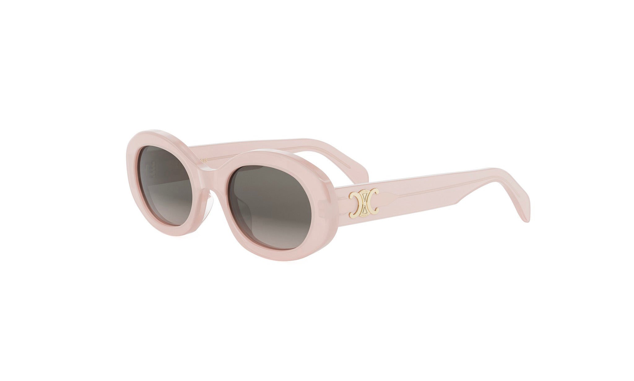 A pair of pink sunglasses with a gold logo on the frame.